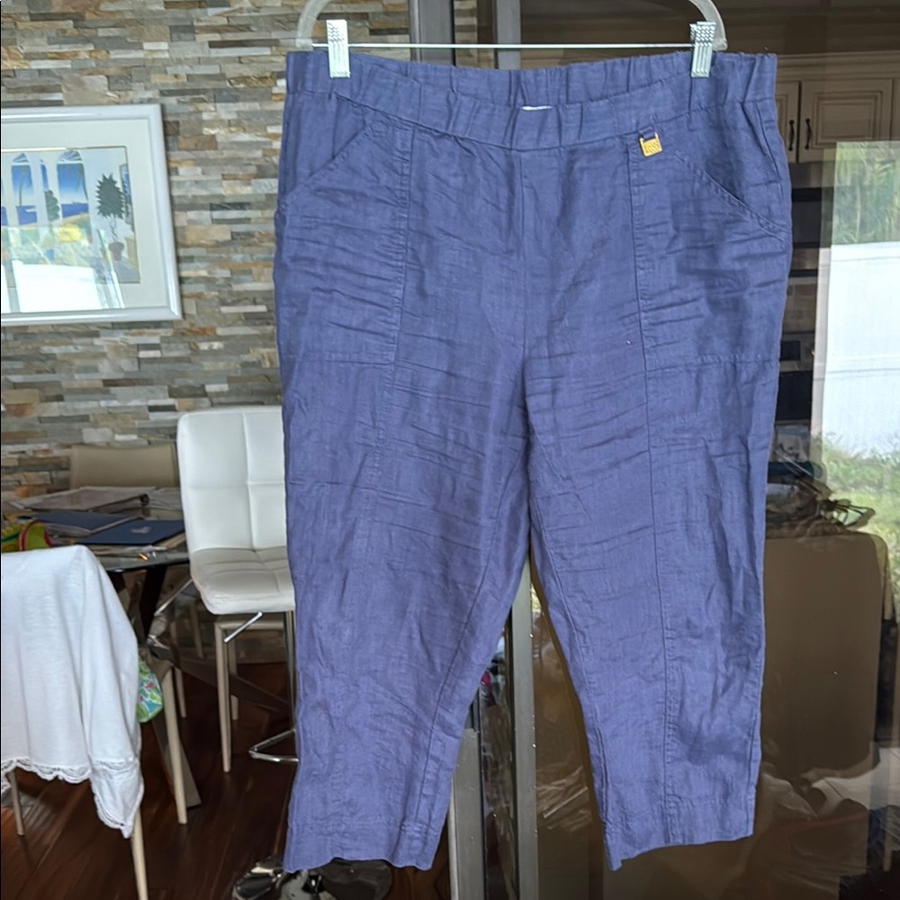 Ellen Tracy Blue Chinos Relaxed Fit Mid-Calf 100 % Linen